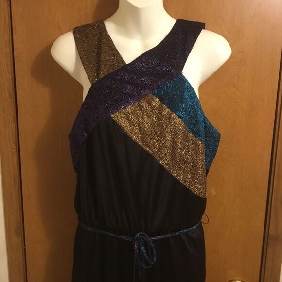 Retro 90s Vintage Metallic Gold Black Purple Blue Belted Zip up Jumpsuit 14 - Picture 3 of 15